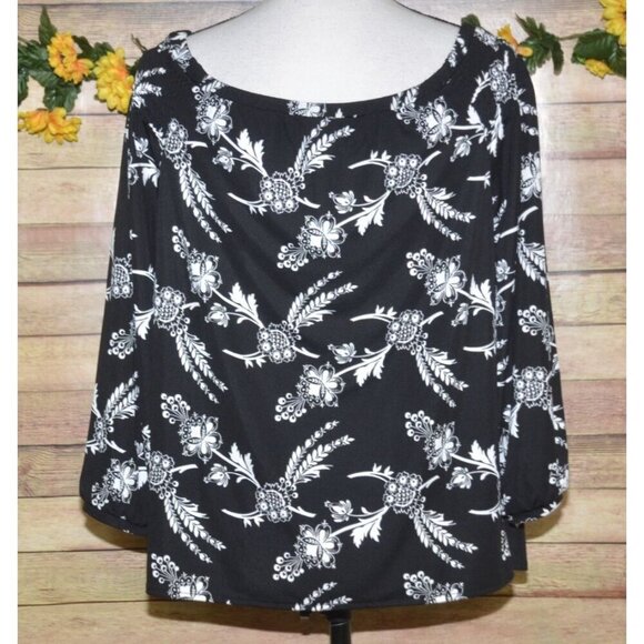 Ann Taylor Ladies M Black Floral Boat Neck Blouse Top Balloon Sleeve Career - Picture 5 of 9
